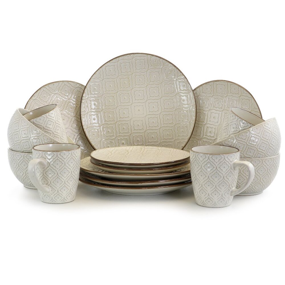 Elama White Lily 16 Piece Luxurious Stoneware Dinnerware with Complete Setting